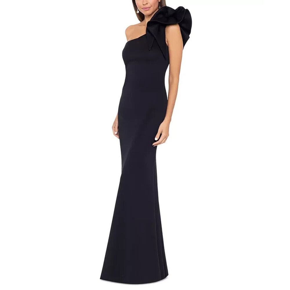 Betsy & Adam Petite Ruffle-Shoulder Evening Gown - Black - Size 4P
